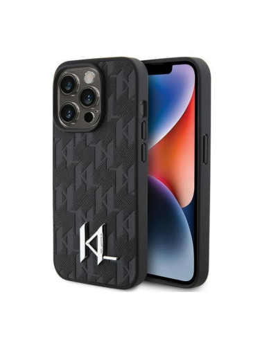 Оригинален кейс Karl Lagerfeld Leather Monogram Hot Stamp Metal Logo, За iPhone 15 Pro (6.1), Черен