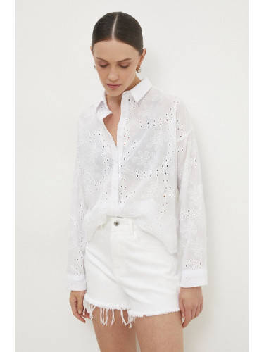 Памучна риза Answear Lab дамска в бяло със свободна кройка с класическа яка