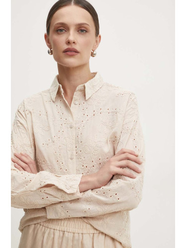 Памучна риза Answear Lab дамска в бежово със свободна кройка с класическа яка