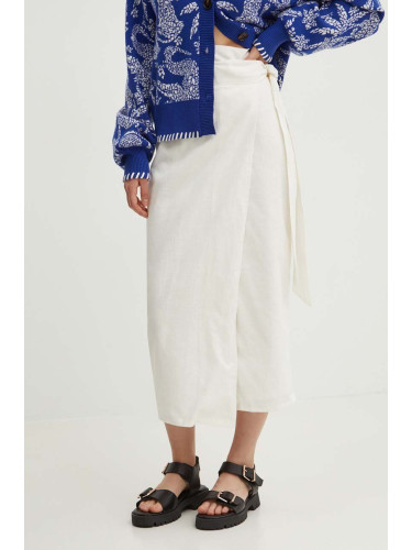 Пола с лен Never Fully Dressed Jaspre Skirt в бяло среднодълга разкроена NFDSK506
