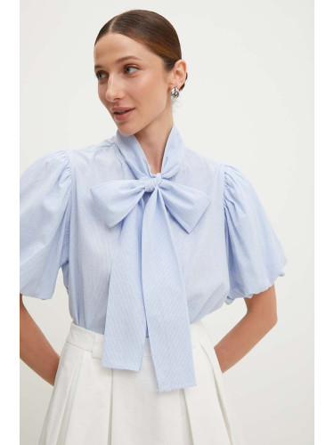 Памучна риза Answear Lab дамска в синьо със стандартна кройка с връзка на деколтето