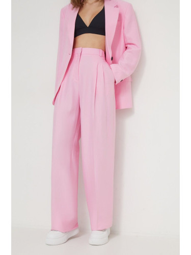Панталон с лен HUGO в розово със стандартна кройка, с висока талия 50520961