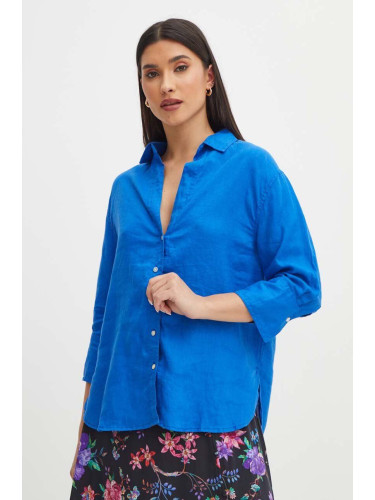 Ленена риза Medicine дамска в синьо със свободна кройка с класическа яка