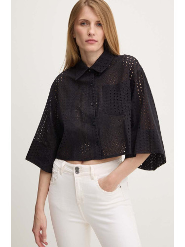 Памучна риза Answear Lab дамска в черно със свободна кройка с класическа яка