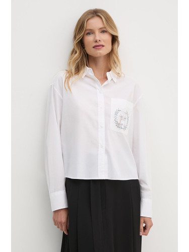 Памучна риза Tommy Hilfiger дамска в бяло със свободна кройка с класическа яка WW0WW41401
