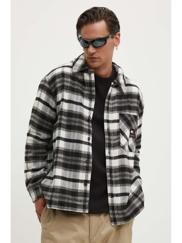 Риза Tommy Jeans TJM FLEECE LINED CHECK SHIRT EXT мъжка в черно със свободна кройка с класическа яка DM0DM18325