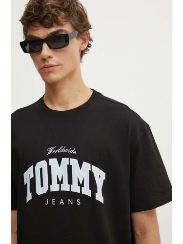 Памучна тениска Tommy Jeans в черно с принт