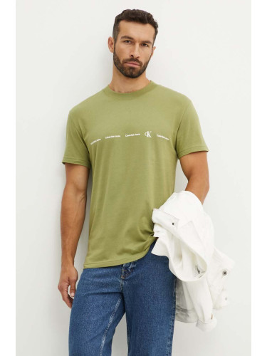 Памучна тениска Calvin Klein Jeans в зелено с принт