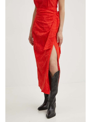 Памучна пола Never Fully Dressed Jaspre Skirt в червено среднодълга разкроена NFDSK455