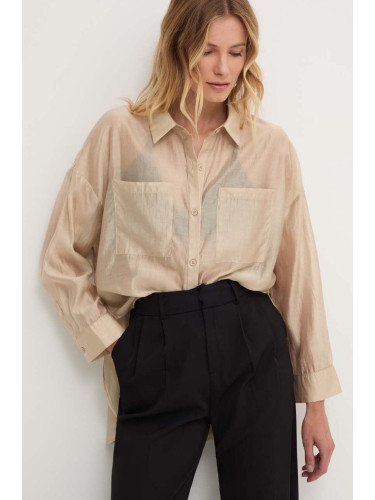 Риза Answear Lab дамска в кафяво със свободна кройка с класическа яка