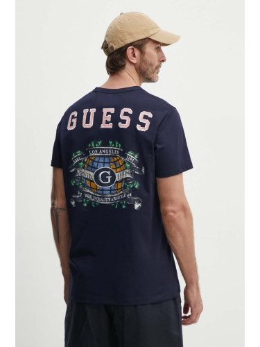 Памучна тениска Guess в тъмносиньо с апликация