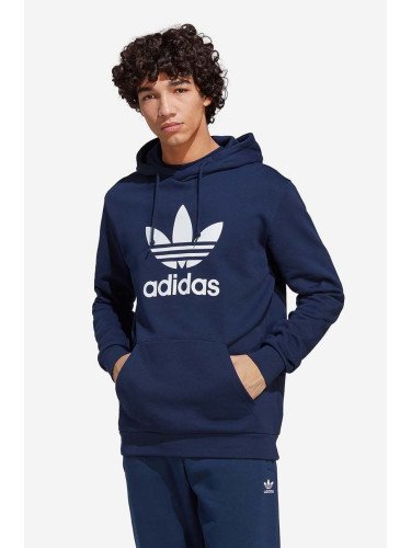 Памучен суичър adidas Originals Adicolor Classics Trefoil Hoodie в тъмносиньо с качулка с десен