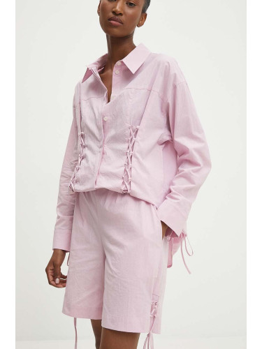 Памучен къс панталон Answear Lab в розово с изчистен дизайн с висока талия