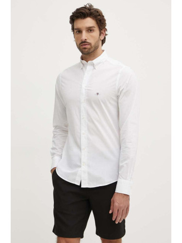 Памучна риза Gant мъжка в бяло с кройка по тялото с яка с копче