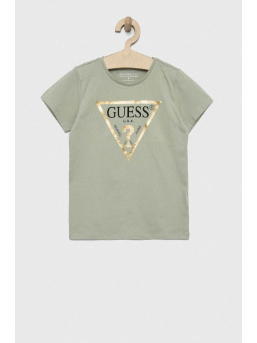 Детска памучна тениска Guess в зелено