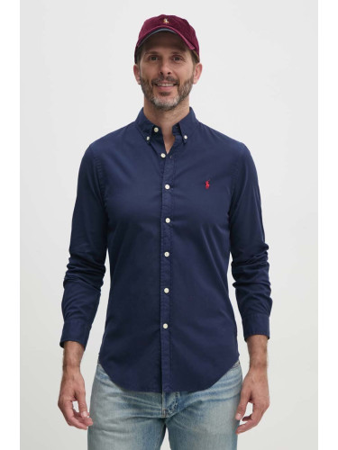 Памучна риза Polo Ralph Lauren мъжка в тъмносиньо с кройка по тялото с яка с копче
