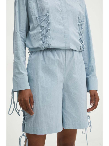 Памучен къс панталон Answear Lab в синьо с изчистен дизайн с висока талия