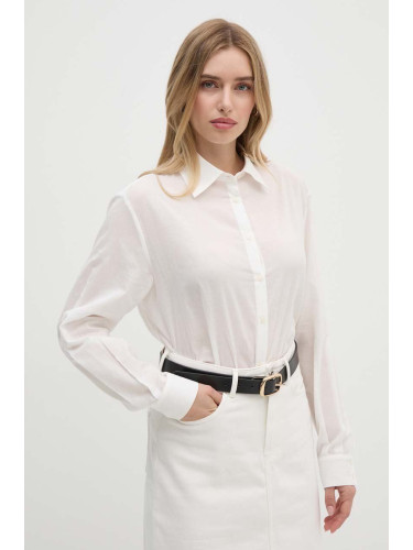 Памучна риза Sisley дамска в бяло със свободна кройка с класическа яка 58N2LQ06V