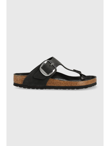 Кожени джапанки Birkenstock в черно с равна подметка