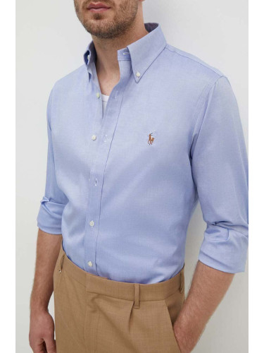 Памучна риза Polo Ralph Lauren мъжка в синьо с кройка по тялото с яка с копче 712859009