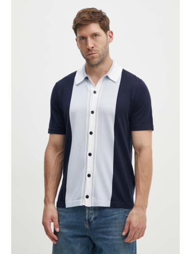 Памучна риза Sisley мъжка в тъмносиньо със стандартна кройка с класическа яка 1094T500E