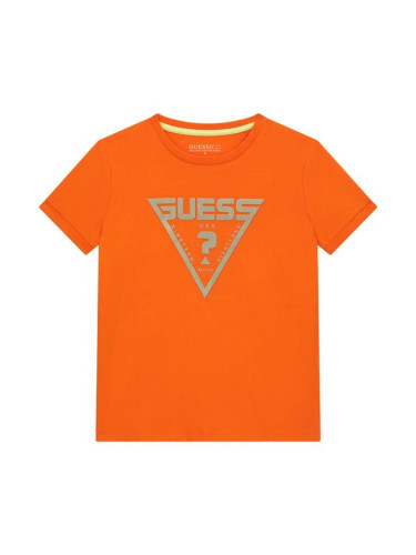 Детска оранжева тениска с щампа от кадифе Guess