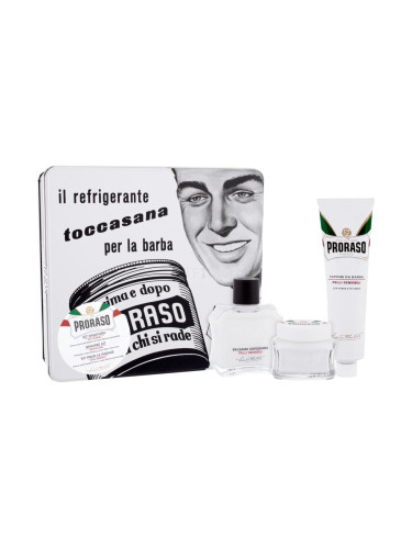 PRORASO White Подаръчен комплект балсам за след бръснене White 100 ml + крем за преди бръснене White 100 ml + крем за бръснене White 150 ml + метална кутия увредена кутия