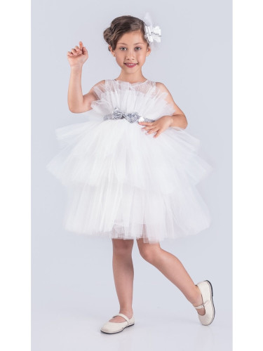 Детска официална рокля без ръкав Фрея в бяло с тюл и панделка за коса 