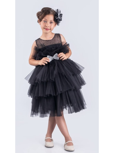 Детска официална рокля без ръкав с богат тюл в черно Фрея и панделка з