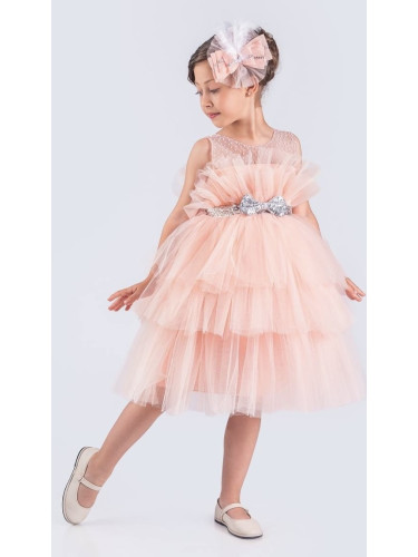 Детска официална рокля Фрея с богат тюл в прасковено и панделка за кос