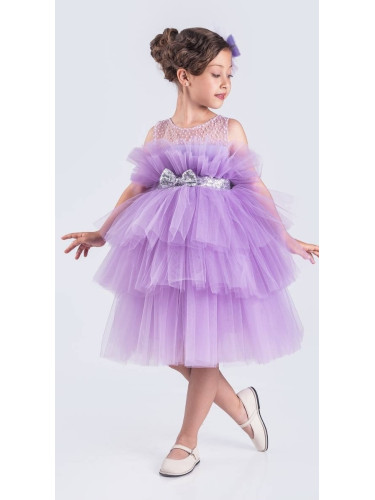 Детска официална рокля без ръкав Фрея с богат тюл в лилаво и панделка
