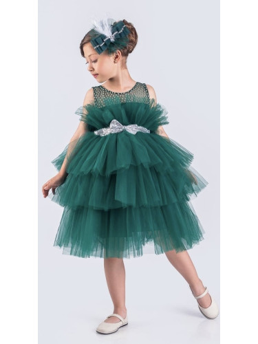 Детска официална рокля без ръкав Фрея с богат тюл в тъмно зелено и па
