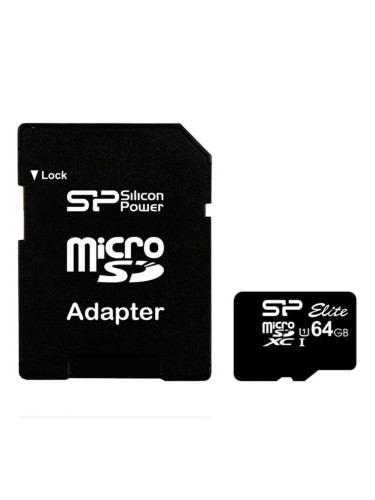 Карта памет 64GB microSDXC с адаптер, Silicon Power SP064GBSTXBU1V10SP, Class 10, скорост на четене 85MB/s