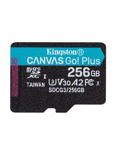 Карта памет 256GB microSDXC, Kingston Canvas Go! Plus, Class 10 UHS-I U3, скорост на четене до 170MB/s, скорост на запис 90MB/s