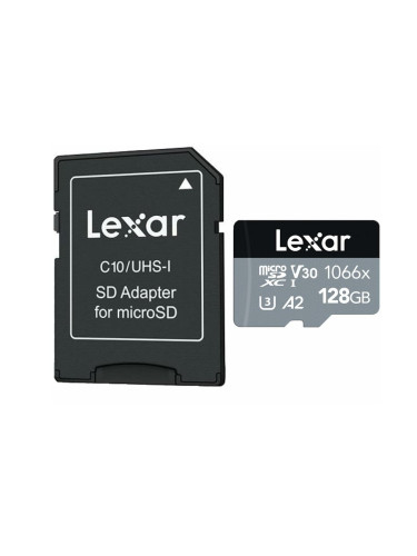 Карта памет 128GB microSDXC с адаптер, Lexar Professional 1066x, Class 10 UHS-I, U3, скорост на четене до 160 MB/s, скорост на запис до 120 MB/s
