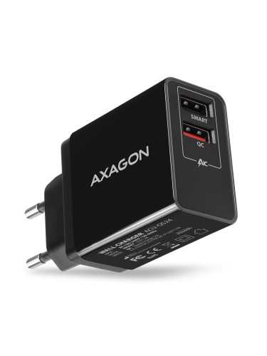 Зарядно устройство AXAGON ACU-QS24, от контакт към 2x USB-A(ж), 5V, 1.2A, черно, 24W