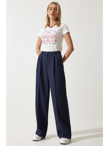 Happiness İstanbul Women's Navy Blue Thin Striped Masculine Palazzo Pants