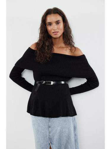 Trendyol Black Belted Carmen Collar Knitwear Sweater