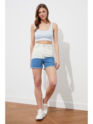 Trendyol Blue White Color-Blocked Tasseled Denim Shorts