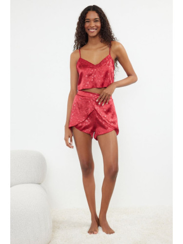 Trendyol Burgundy Satin Heart Rope Strap Woven Pajama Set