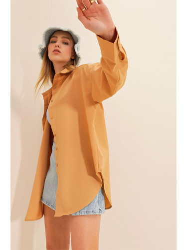 Trend Alaçatı Stili Women's Camel Oversize Long Woven Shirt