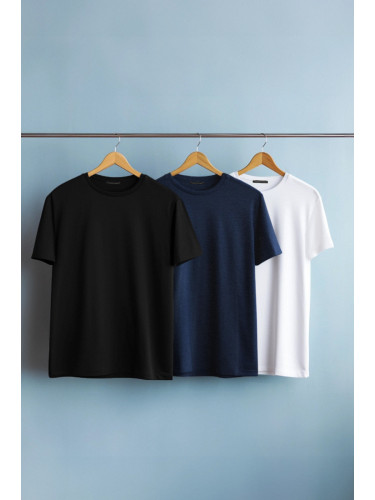 Trendyol Navy Blue-Black-White Slim/Narrow Crew Neck Basic 100% Cotton 3-Pack T-Shirt