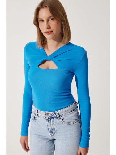 Happiness İstanbul Women's Vivid Blue Cut Out Detailed Ribbed Knitted Blouse