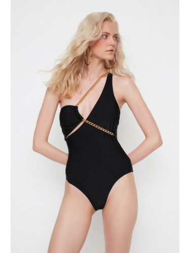 Trendyol X Moeva Black Chain Detailed One-Shoulder Swimsuit