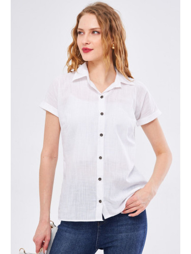 armonika Women's White Short Sleeve Linen Shirt