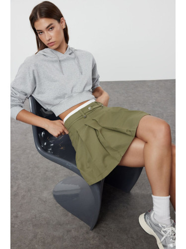 Trendyol Khaki Double Belt Detailed Pleated Mini Woven Skirt
