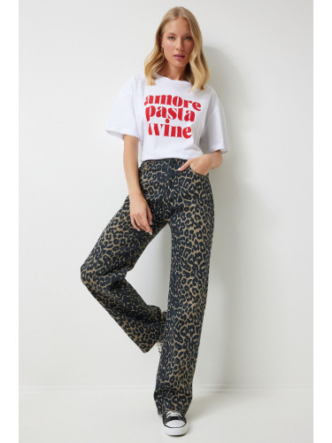 Happiness İstanbul Women's Black Brown Leopard Patterned Straight Jeans