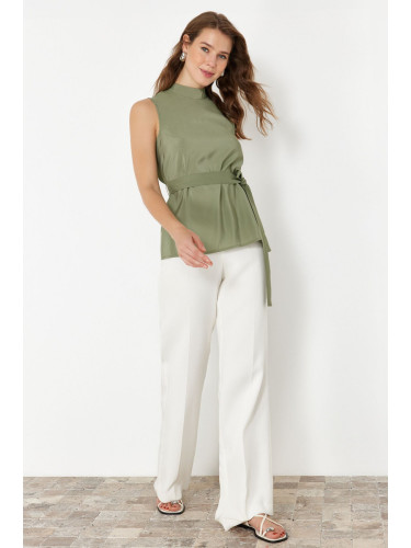 Trendyol Khaki Belted Crew Neck Sleeveless Woven Blouse