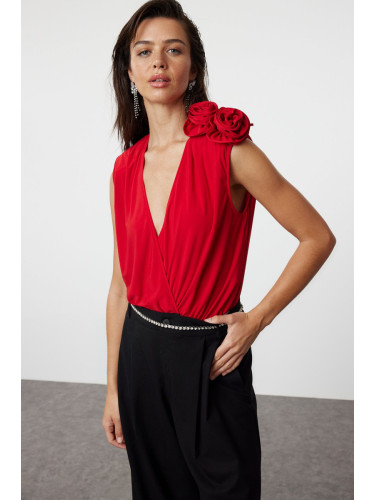 Trendyol Red Rose Detailed Deep V-Neck Knitted Bodysuit