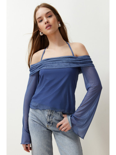 Trendyol Indigo Flare Sleeve Tie Detailed Knitted Blouse